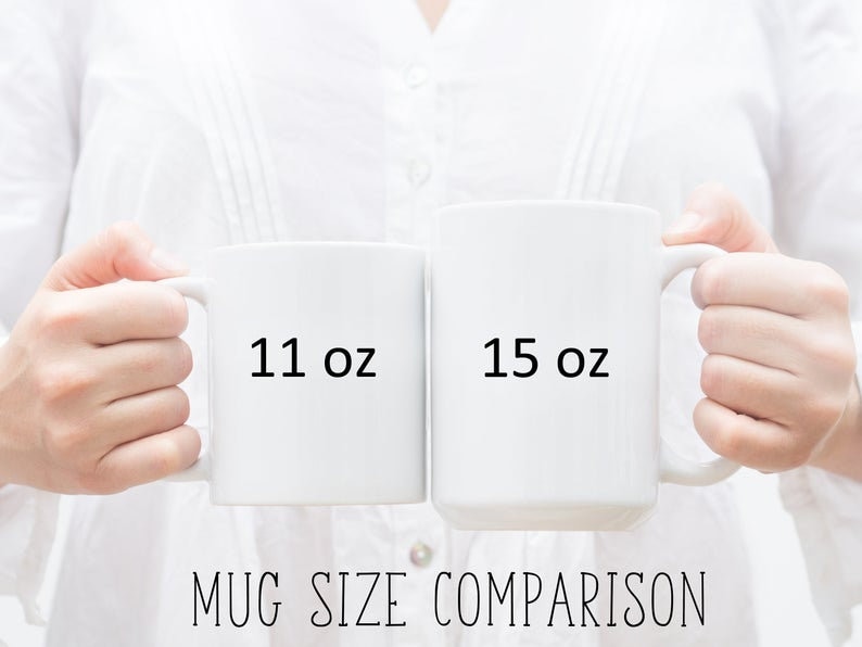 May include: Two white ceramic mugs, one 11 oz and one 15 oz, side by side. MUG SIZE COMPARISON is written below the mugs.