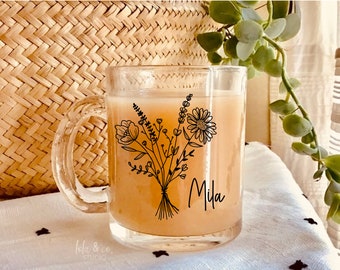 Wildflower glass name mug, Clear glass mug, personalized gift mug, custom floral glass Coffee Tea Mug, wildflower name mug, glass plant mug