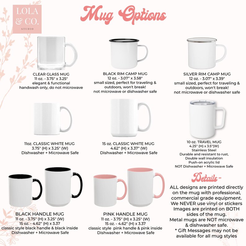 Puede incluir: Una colecci&oacute;n de opciones de tazas que incluye una taza de vidrio transparente, tazas de camping con borde negro o plateado, tazas blancas cl&aacute;sicas de 11oz y 15oz, una taza de viaje de acero inoxidable con tapa y tazas con asas y bordes de color.