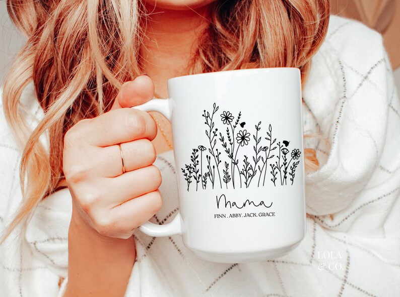 May include: White ceramic mug with a black floral design and the word "Mama" with the names Finn, Abby, Jack, Grace underneath.