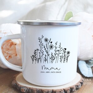 May include: White enamel mug with a black floral design and the word "Mama" with the names Finn, Abby, Jack, Grace underneath. The mug is sitting on a wooden coaster.