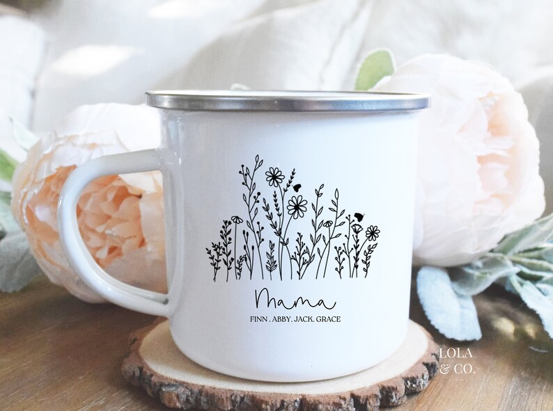 May include: White enamel mug with a black floral design and the word "Mama" with the names Finn, Abby, Jack, Grace underneath. The mug is sitting on a wooden coaster.