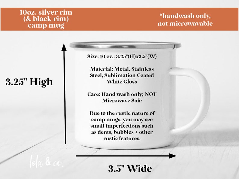 Pu&ograve; includere: Tazza da campeggio in smalto bianco con bordo argentato e bordo nero. La tazza &egrave; alta 8,25 cm e larga 8,89 cm. La tazza &egrave; realizzata in acciaio inossidabile e ha una finitura bianca lucida. La tazza &egrave; lavabile solo a mano e non &egrave; adatta al microonde.