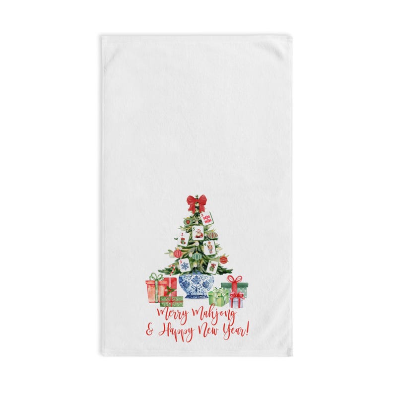 Mahjong Gift, Merry Mahjong Chinoiserie Christmas Tree Hand Towel, Mahjong Tea Towel, Holiday Kitchen Decor, Christmas Gift, Mahjong Group image 3