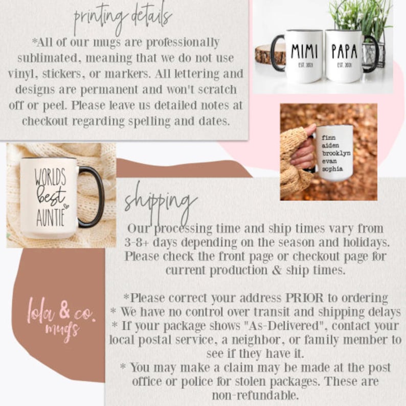 May include: A collection of white ceramic mugs with black handles. The mugs feature various personalised text, including "Worlds Best Auntie", "Mimi Est. 2011", "Papa Est. 2020", and a list of names. The text is printed in black. The mugs are displayed against a pink and brown background.