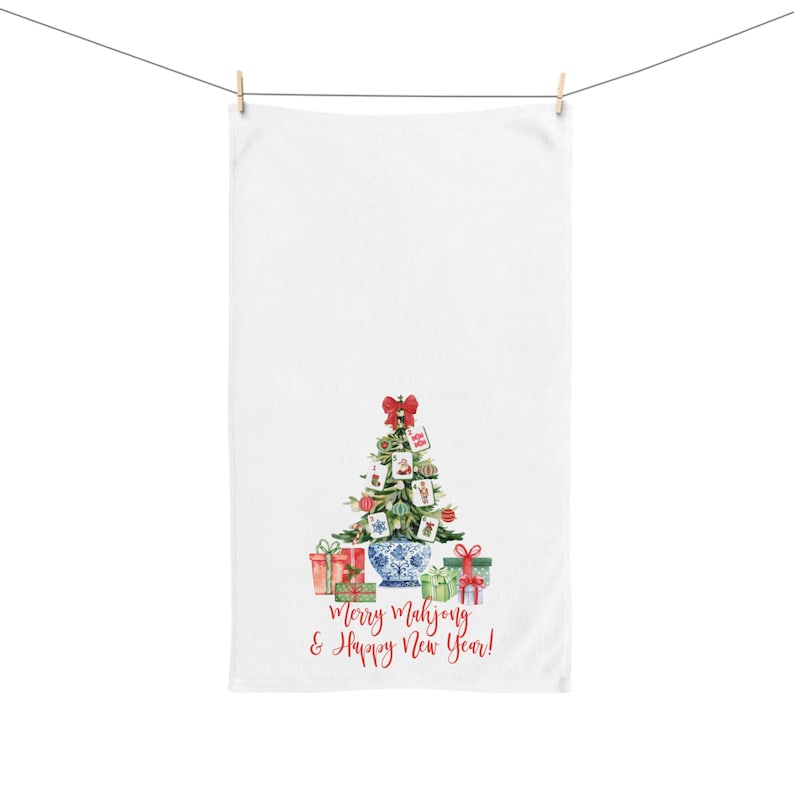 Mahjong Gift, Merry Mahjong Chinoiserie Christmas Tree Hand Towel, Mahjong Tea Towel, Holiday Kitchen Decor, Christmas Gift, Mahjong Group image 5
