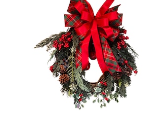 Christmas Wreath for Front Door with Red Berries, Red Bells and Plaid Bow – Holiday Winter Decor, Pinecones, Rustic Christmas Decoration