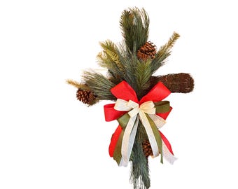Rustic Pine Cross Wreath with Red and Green Bow, Handmade Christmas Wall Décor, Holiday Pinecone Accent Wreath, Unique Christian Home Décor