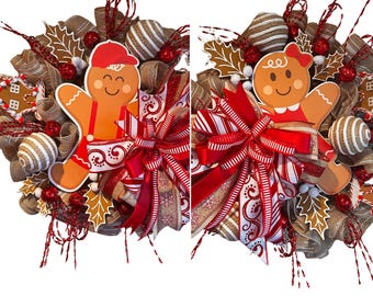 Gingerbread Christmas Double Door Wreath Set – Boy and Girl Holiday Wreaths, Red and White Decor, Burlap Ribbons, Front Door Pair