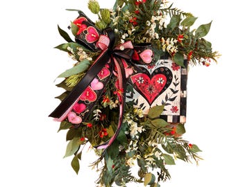 Valentine’s Day Heart Wreath - Handmade Floral Front Door Decor with Red and Pink Accents, Romantic Ribbon Bow, Holiday Gift Idea