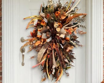 Fall Pumpkin Teardrop Wreath | Farmhouse Harvest Decor | Autumn Door Accent | Burlap Ribbon, Berries and Faux Fall Leaves