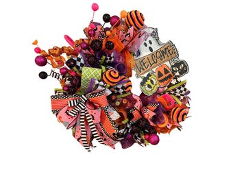 Halloween Welcome Wreath, Spooky Front Door Decor, Orange and Black Ribbon, Ghost and Pumpkin Themed Wreath, Handmade