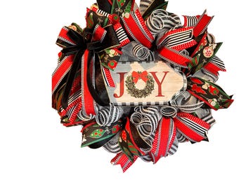 Christmas Wreath - JOY Sign with Red, Black & Green Ribbons - Holiday Front Door Decor - Festive Christmas Bow Wreath
