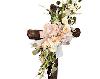 Moss Cross Wreath with White Florals, Sympathy Memorial Gravesite Cross, Rustic Christian Wall Decor, Easter Cross with Bow, Religious Gift