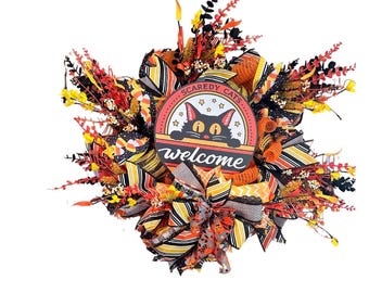 Halloween Wreath with Black Cat Welcome Sign – Spooky Fall Front Door Decor, Orange and Black Ribbon Wreath, Halloween Cat Theme, Handmade