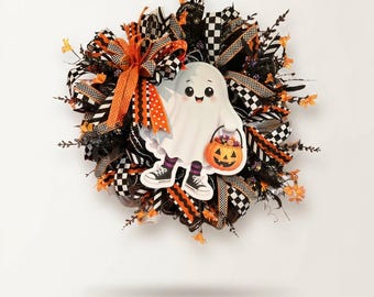 Halloween Ghost Front Door Wreath | Spooky Cute Ghost and Jack O Lantern | Halloween Decor | Deco Mesh Ribbon | Autumn Door Decor
