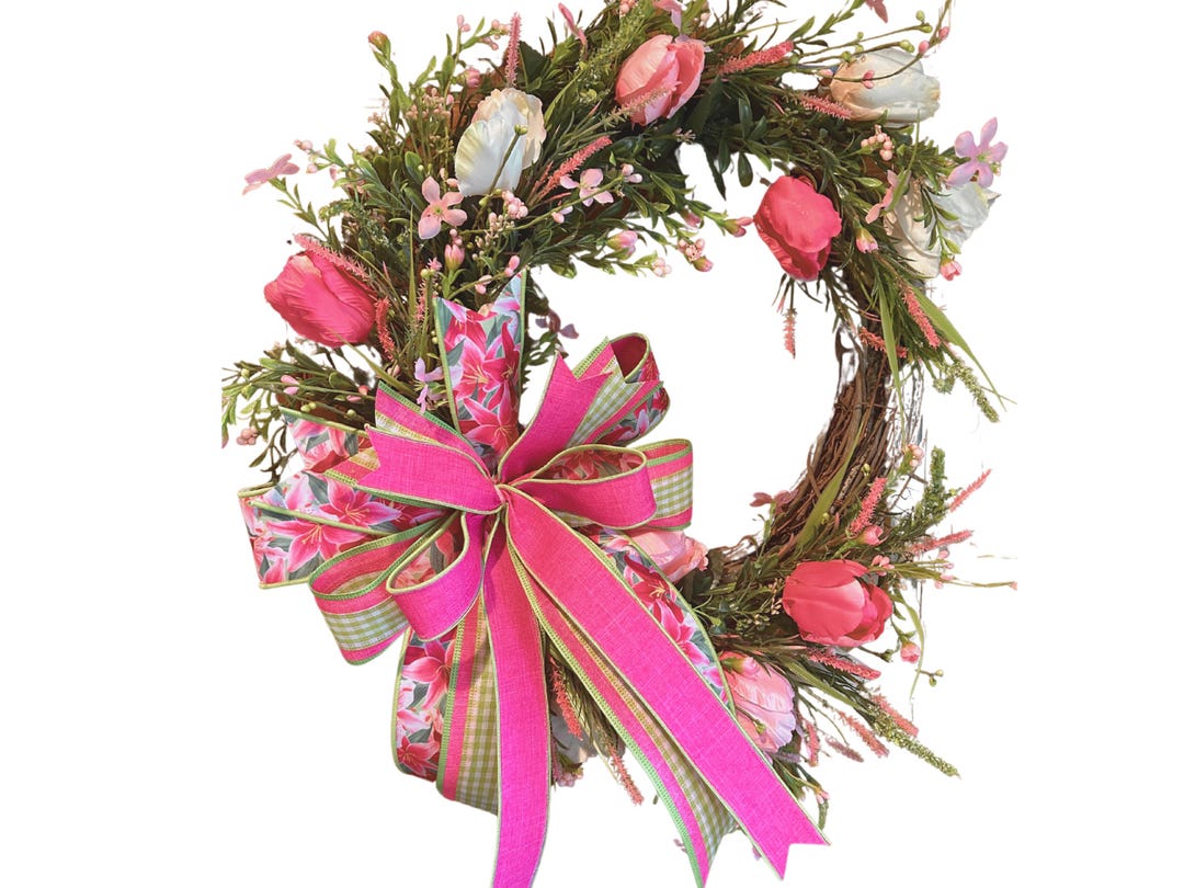 Pink Tulip Grapevine Wreath, Spring Front Door Wreath With Bow, Easter ...