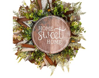 Home Sweet Home Wreath for Front Door, Rustic Farmhouse Greenery Wreath, Everyday Year-Round Door Decor, Handmade Welcome Sign