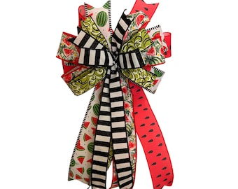 Watermelon Door Bow, Summer Wreath Bow, Red Green Black Stripe Bow, Front Door Decor, Picnic Party Bow, Handmade Watermelon Bow