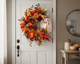 Fall Pumpkin Door Wreath | Rustic Harvest Style | Thanksgiving Decor | Maple Leaves, Eucalyptus, Berries and Lantern Cutout