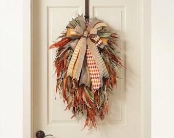 Teardrop Front Door Wreath | Rustic Farmhouse Style | Autumn Fall Decor | Burlap Bow and Artificial Greenery | Wall Hanging