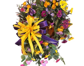 Bright Spring Floral Wreath for Front Door, Yellow Purple Silk Flower Wreath, Easter Door Decor, Handmade Grapevine Wreath