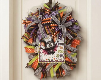 Boo To You Halloween Wreath | Whimsical Bat Door Decor | Halloween Front Door Decoration | Deco Mesh Ribbon Wreath | Halloween Wall Decor