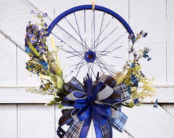 Blue Bicycle Wheel Wreath for Front Door, Farmhouse Floral Wreath with Blue Plaid Bow, Rustic Spring Summer Door Decor