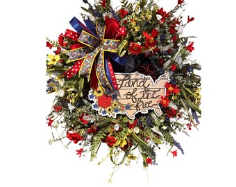 Patriotic Land of the Free Wreath, Fourth of July Front Door Wreath, Red White Blue Wreath, Patriotic Wildflower Wreath, Americana wreath