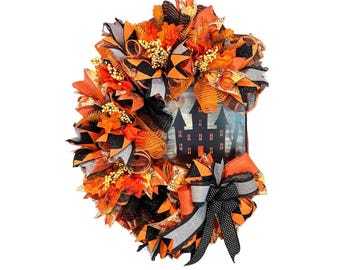 Halloween Wreath with Black and Orange Ribbons – Spooky Fall Front Door Decor, Halloween Party Decoration, Autumn Wreath, Handmade