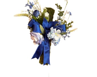 Moss Cross with Blue Satin Bow, Floral Cross Wreath, Christian Home Decor, Memorial Gravesite Cross, Easter Door Hanger, Baptism Religious