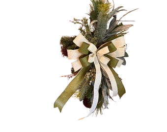 Rustic Pine Cross Wreath with Red and Green Bow, Handmade Christmas Wall Décor, Holiday Pinecone Accent Wreath, Unique Christian Home Décor