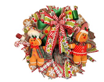 Christmas Gingerbread Wreath – Festive Holiday Decor, Gingerbread Man Door Wreath, Red and Green Ribbon Christmas Decoration, Whims