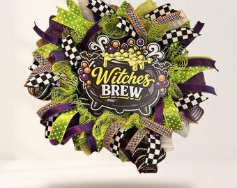Witches Brew Halloween Wreath | Whimsical Witch Decor | Halloween Front Door Wreath | Green Deco Mesh | Spooky Wall Decoration
