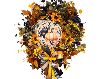 Navy Blue Sunflower Wreath | Rustic Pumpkin Sign | Festive Fall Decor | Fabric Ribbon Mesh | Autumn Front Door Decoration