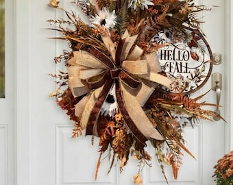 Hello Fall Door Wreath | Rustic Farmhouse Style | Autumn Decor | Artificial Flowers, Fern Foliage, Wood Sign and Bow