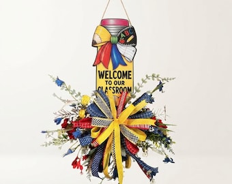 Pencil Theme Classroom Door Swag | Back to School Welcome Sign, Floral Ribbon Bow
