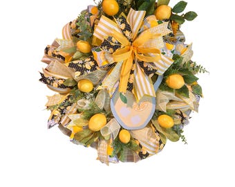 Lemon Wreath for Front Door, Summer Citrus Wreath with Bow, Yellow Lemon Decor, Refreshing Lemonade Wreath, Bright Front Porch Decor