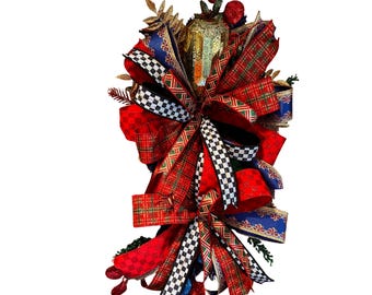 Christmas Wreath with Plaid and Checkered Ribbon, Red Gold Front Door Decor, Bold Holiday Wreath, Handmade Glitter Wreath