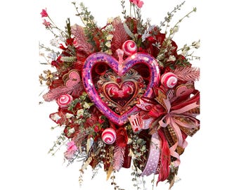 Valentine’s Day Wreath with Heart Center, Pink Red Candy Door Decor, Love Wreath, Sweetheart Front Door Wreath Handmade