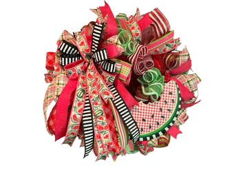 Watermelon Summer Wreath for Front Door, Handmade Farmhouse Decor, Bright Pink Green Bow Wreath, Fruit Themed Porch Decor