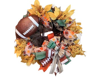 Fall Football Wreath - Sunflowers, Ribbon & Football Decor for Front Door | Autumn Sports Wreath | Rustic Game Day Decor Handmade