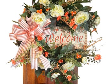 Welcome Grapevine Wreath for Front Door, Spring Floral Wreath, Orange and Cream Peony Wreath, Rustic Farmhouse Door Decor, Everyday, Handmad