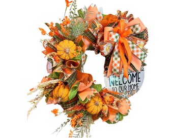 Fall Harvest Wreath, Welcome Sign Wreath, Autumn Pumpkin Décor, Orange & Plaid Bow Wreath, Front Door Fall Wreath, Thanksgiving Entryway