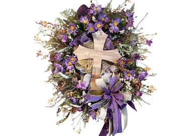 Purple Floral Cross Wreath, Christian Spring Wreath, Faith Based Front Door Wreath, Easter Cross Wreath, Religious Door Decor, Ready to Ship