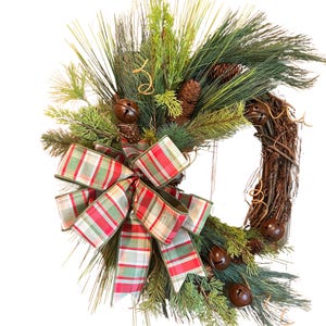 Handmade Holiday Wreath with Bells and Plaid Bow – Rustic Grapevine Christmas Door Décor, Pine Cone Winter Wreath, Farmhouse Style Decoratio