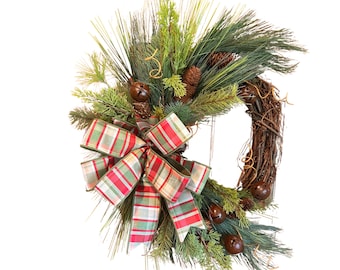 Holiday Wreath with Bells and Plaid Bow – Rustic Grapevine Christmas Door Décor, Pine Cone Winter Wreath, Farmhouse Style Decor, handmade