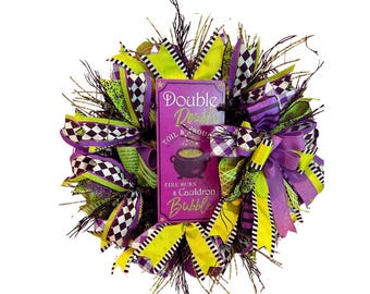 Purple and Green Halloween Wreath, Double Double Toil and Trouble Sign, Witch Theme Front Door Wreath, Spooky Skeleton Wreath