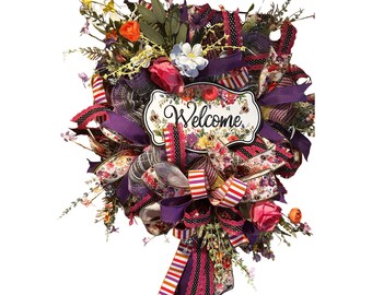 Colorful Floral Welcome Wreath, Spring Summer Front Door Wreath, Wildflower Farmhouse Wreath, Bright Bee Welcome Sign Wreath, Everyday Door