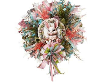 Pastel Easter Bunny Wreath for Front Door, Pink Blue Spring Wreath, Cute Bunny Wreath with Bow, Handmade Easter Door Decor